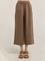 100% Linen Cropped Straight Pants - Dark Brown, M image