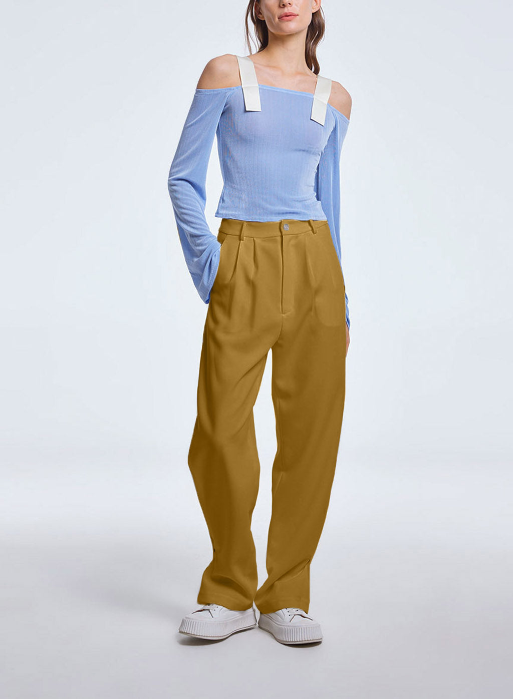 Pleated Straight Pants with Buttoned Bottom - Yellow Gold, L image