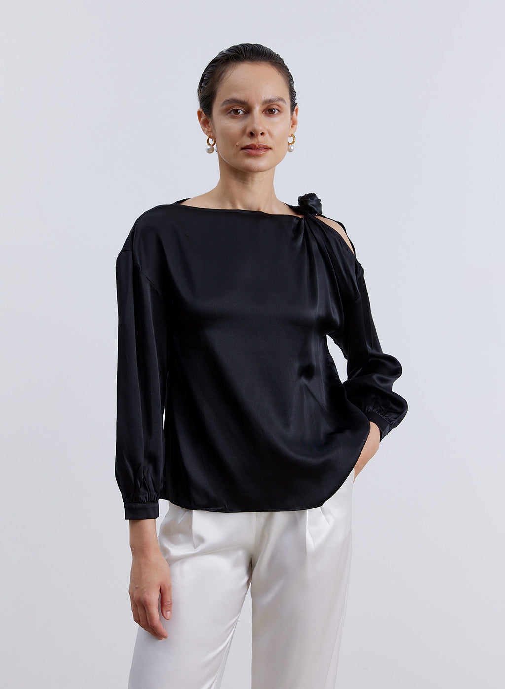 One-shoulder Solid Flower Silk Top image 0