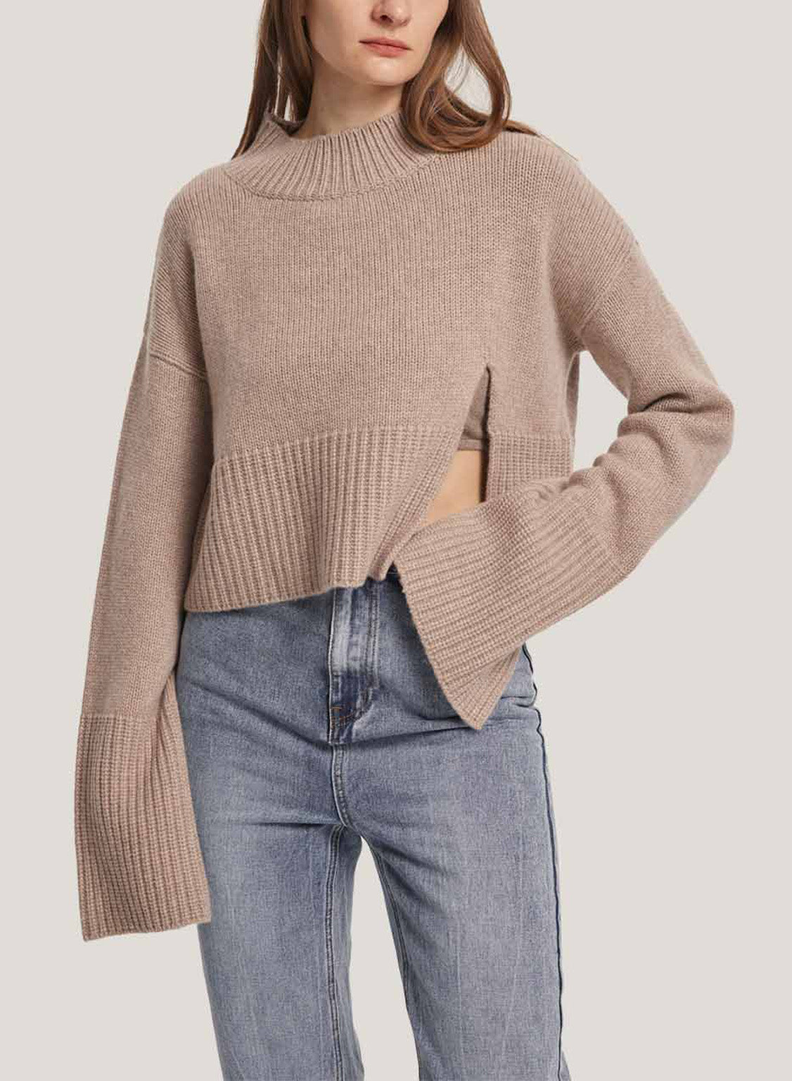 Cropped Wool-Cashmere Sweater With Slit Sleeves - Tortilla, XS image