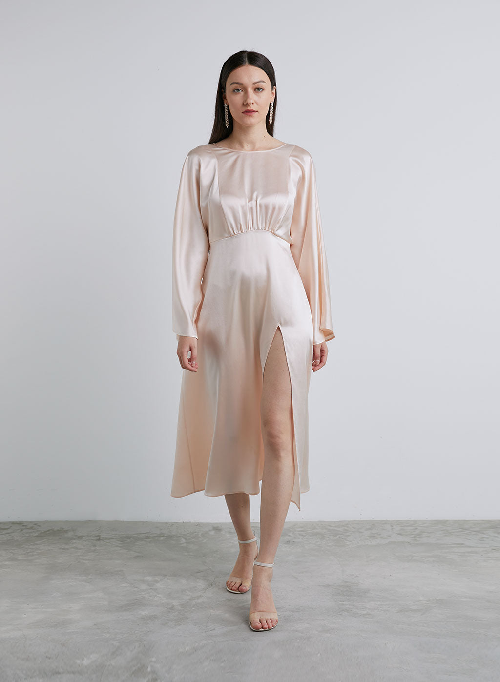 Front Slit Round Neck Silk Midi Dress image 0