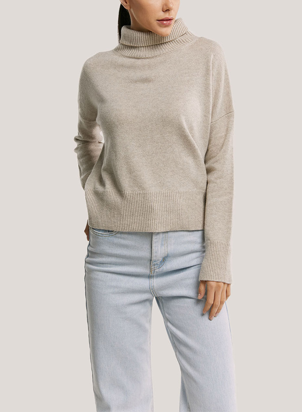 Roll-Neck Pure Cashmere Pullover Sweater - Oatmeal, L image