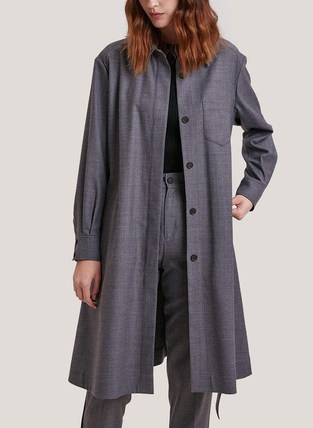 Wool-Blend Long Length Trench Coat - Smoke, S image