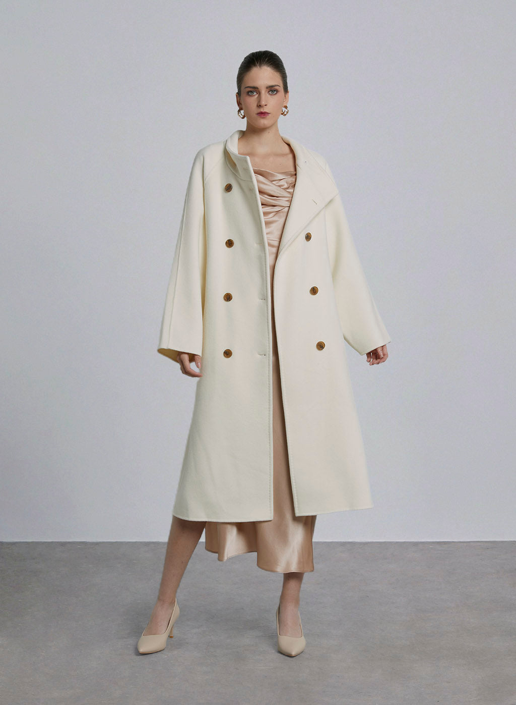 Merino Wool Mock Neck Long Coat - Offwhite, L image