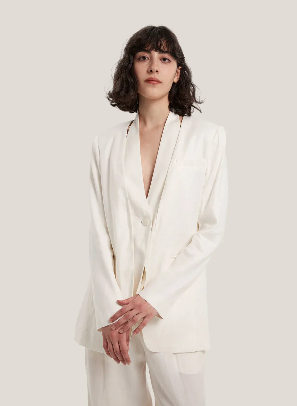 Decorative-Button Linen Layered Blazer