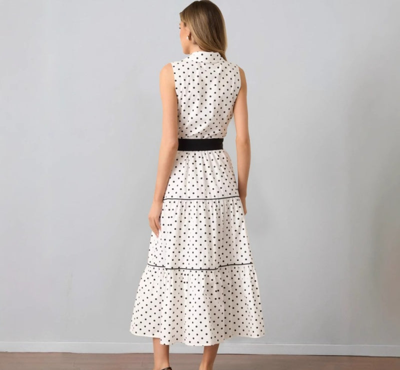 Sleeveless lapel polka dot dress