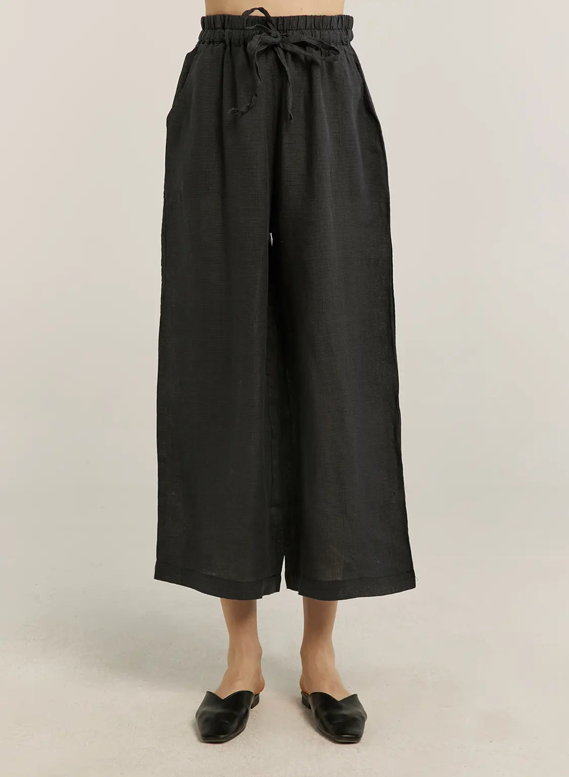 100% Linen Checked Drawstring-Waist Wide Pants - Black, OS image