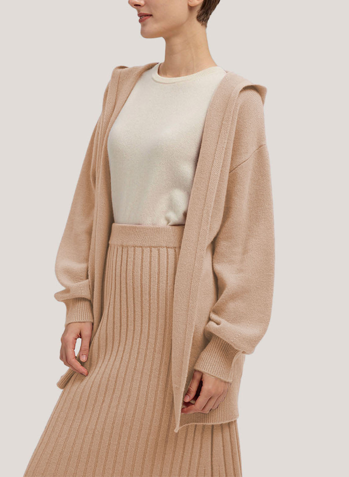 Wool-Cashmere Cardigan With Hooded - Beige, M image