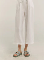 100% Linen Cropped Drawstring-Detail Wide Pants image 0