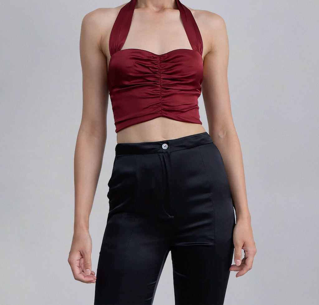 Front Pleated Halterneck Silk Top