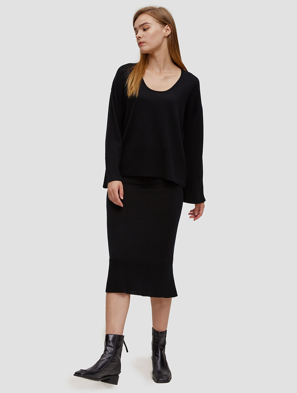 knit midi skirt-whole body-black
