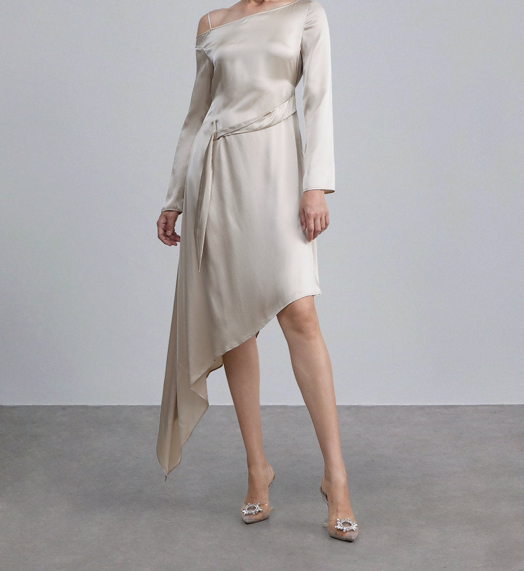 Long Sleeves Irregular Hem Silk Dress