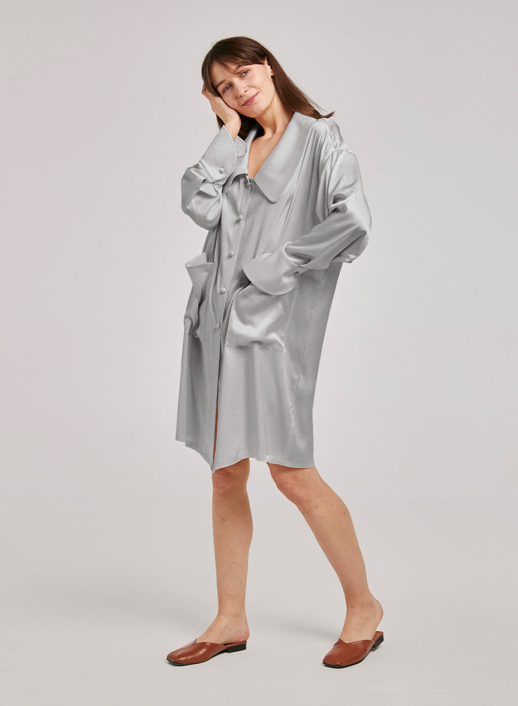 Satin Long-Sleeve Shirt Dress