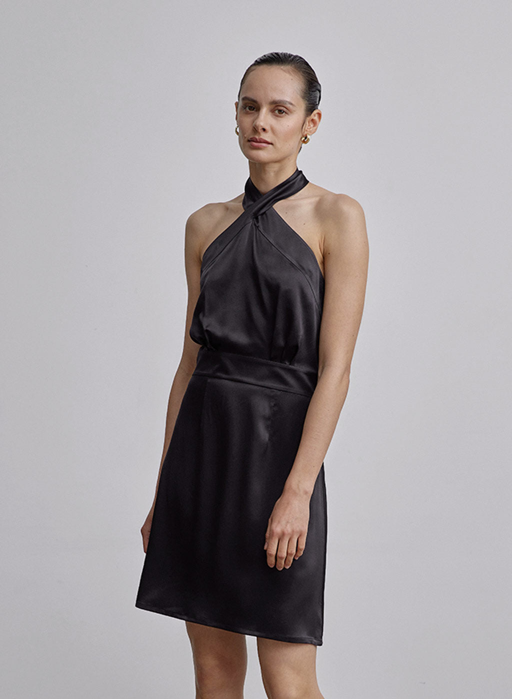 Cross Halter A-Line Mini Silk Dress
