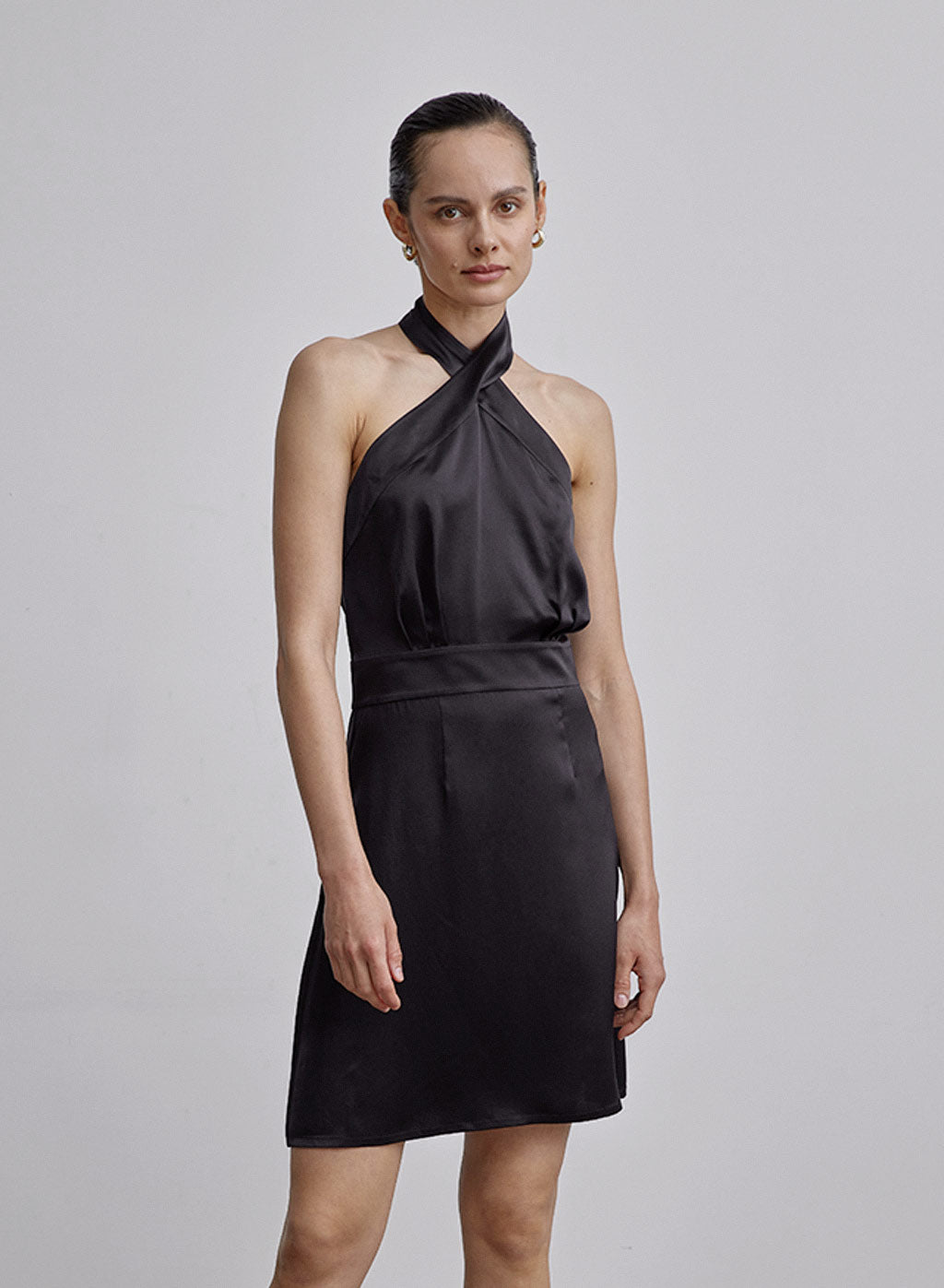 Cross Halter A-Line Mini Silk Dress