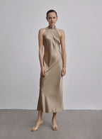 French Bow Halterneck Silk Maxi Dress