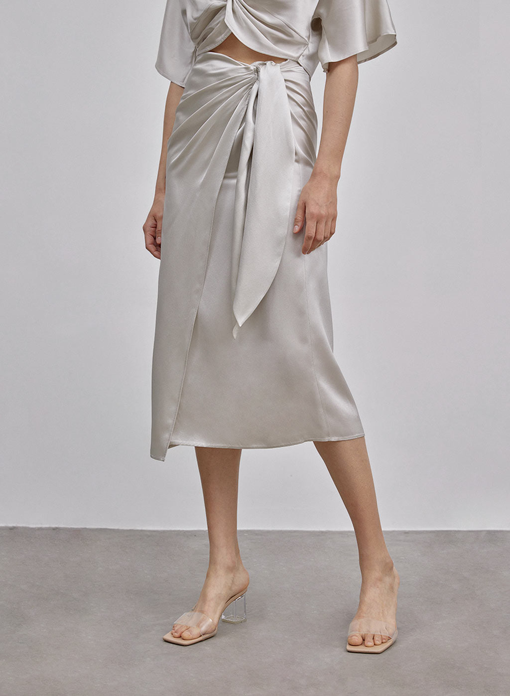 Athena Bow Tie Midi Silk Skirt