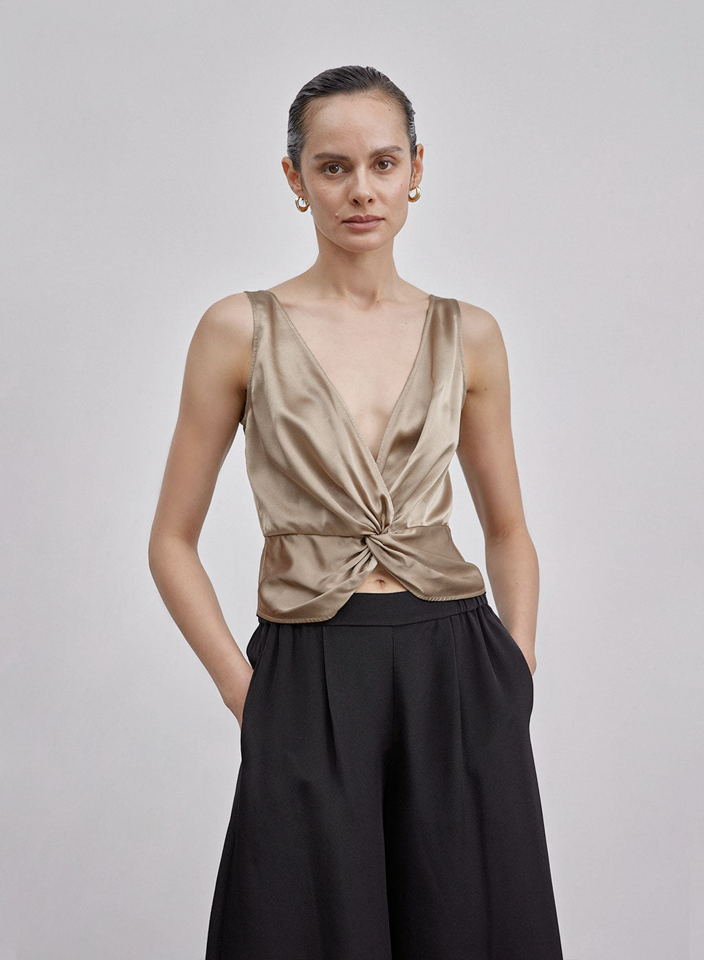 Sleeveless Wrap Knot Silk Cropped Top