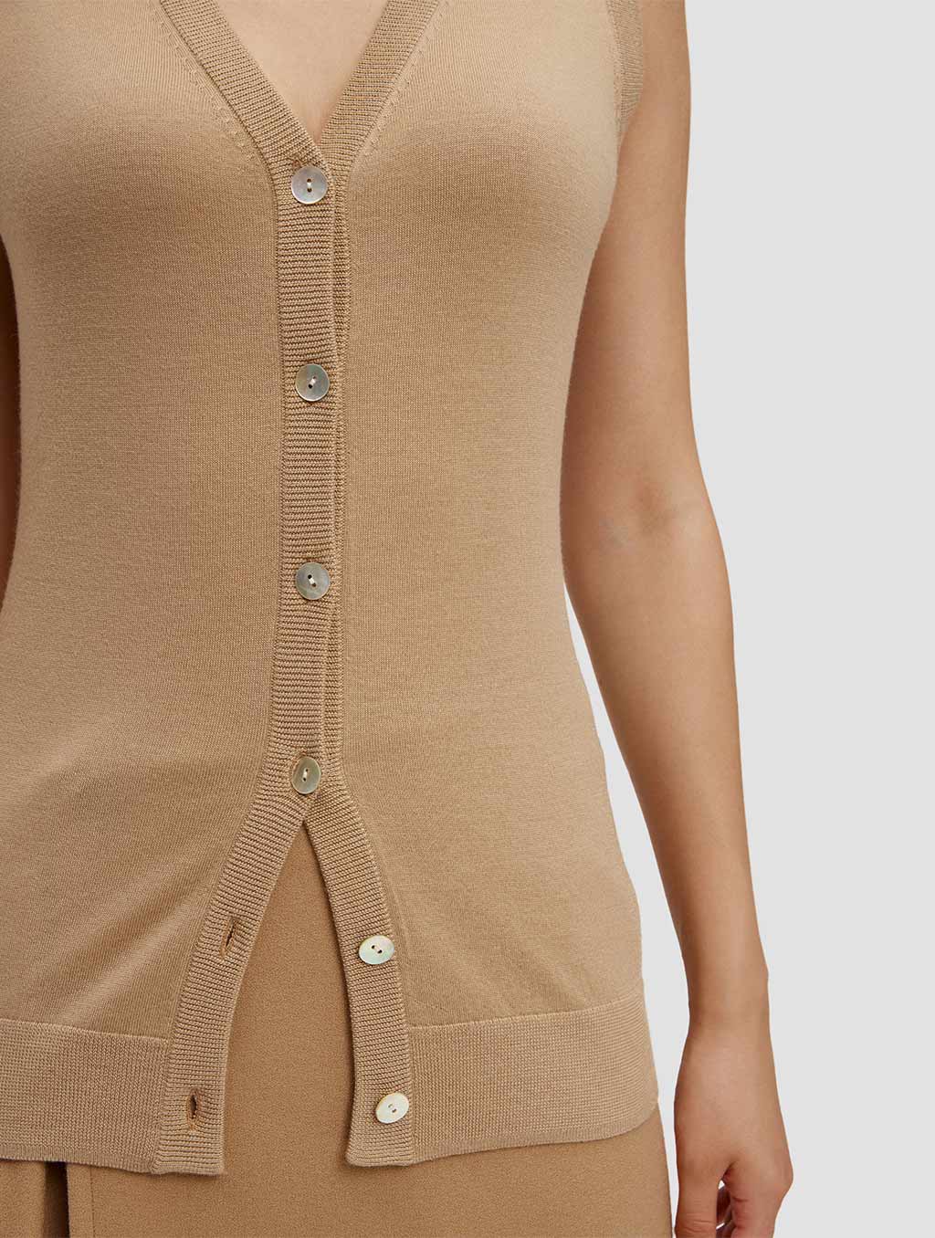 sleeveless knit cardigan - detail -camel1