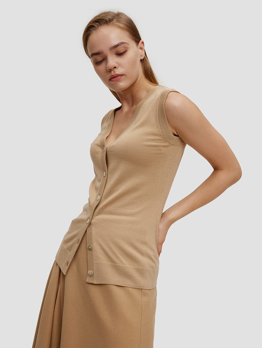 sleeveless knit cardigan - side- camel