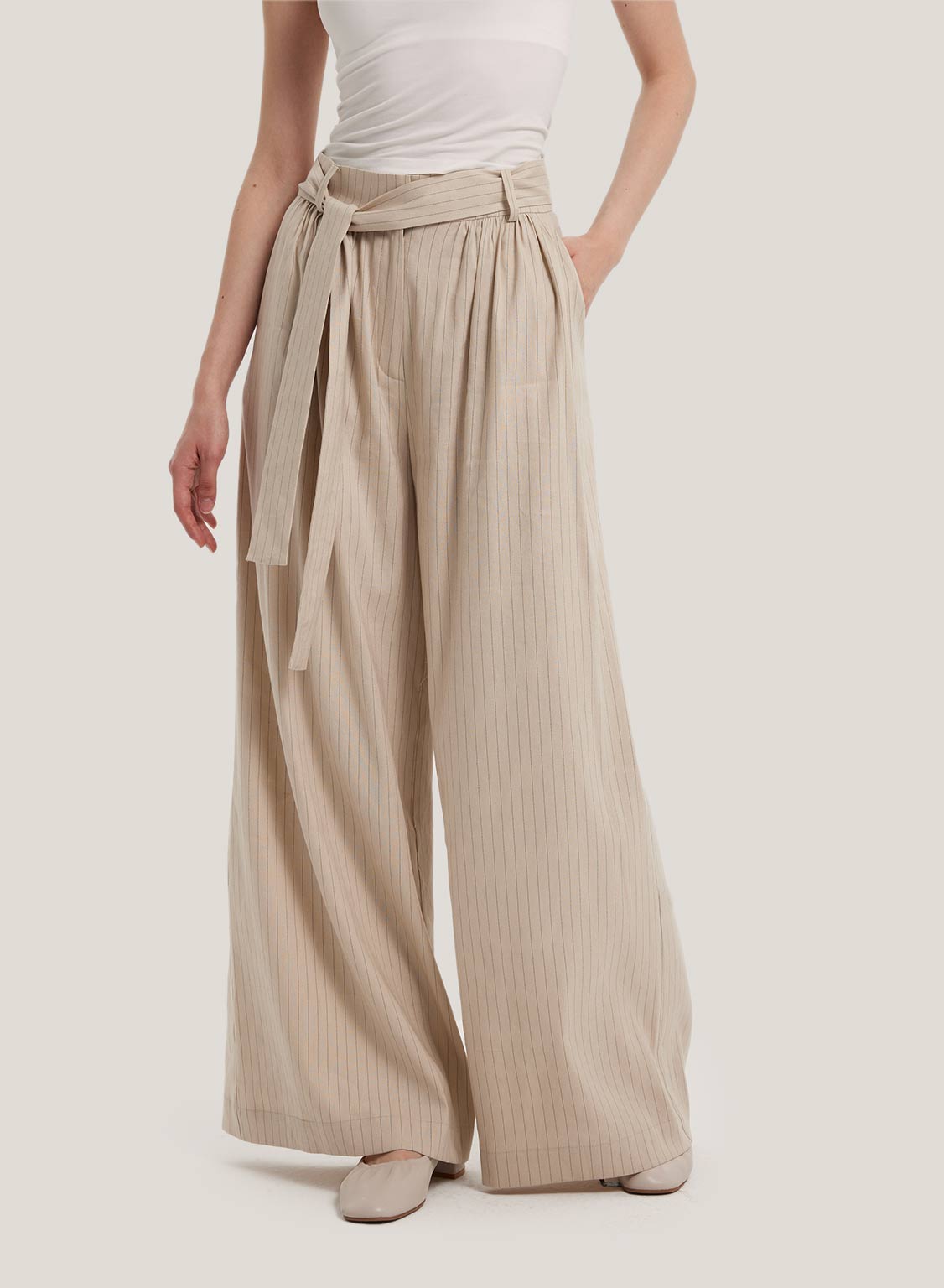 Striped Belted-Waist Linen Trousers