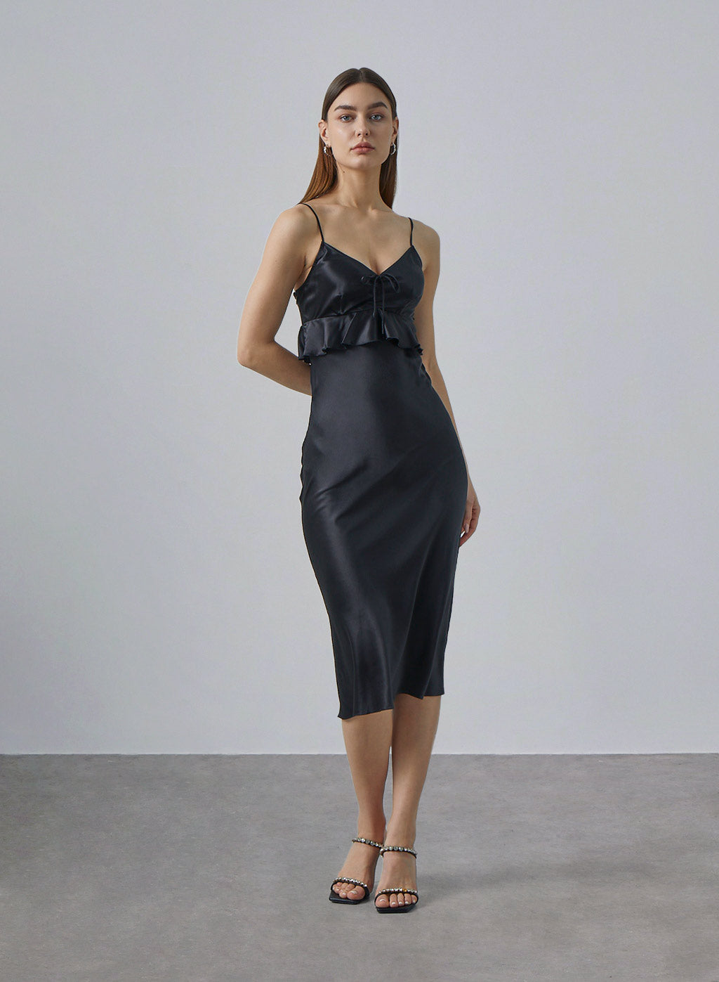 Under-chest Peplum Hem Silk Slip Dress