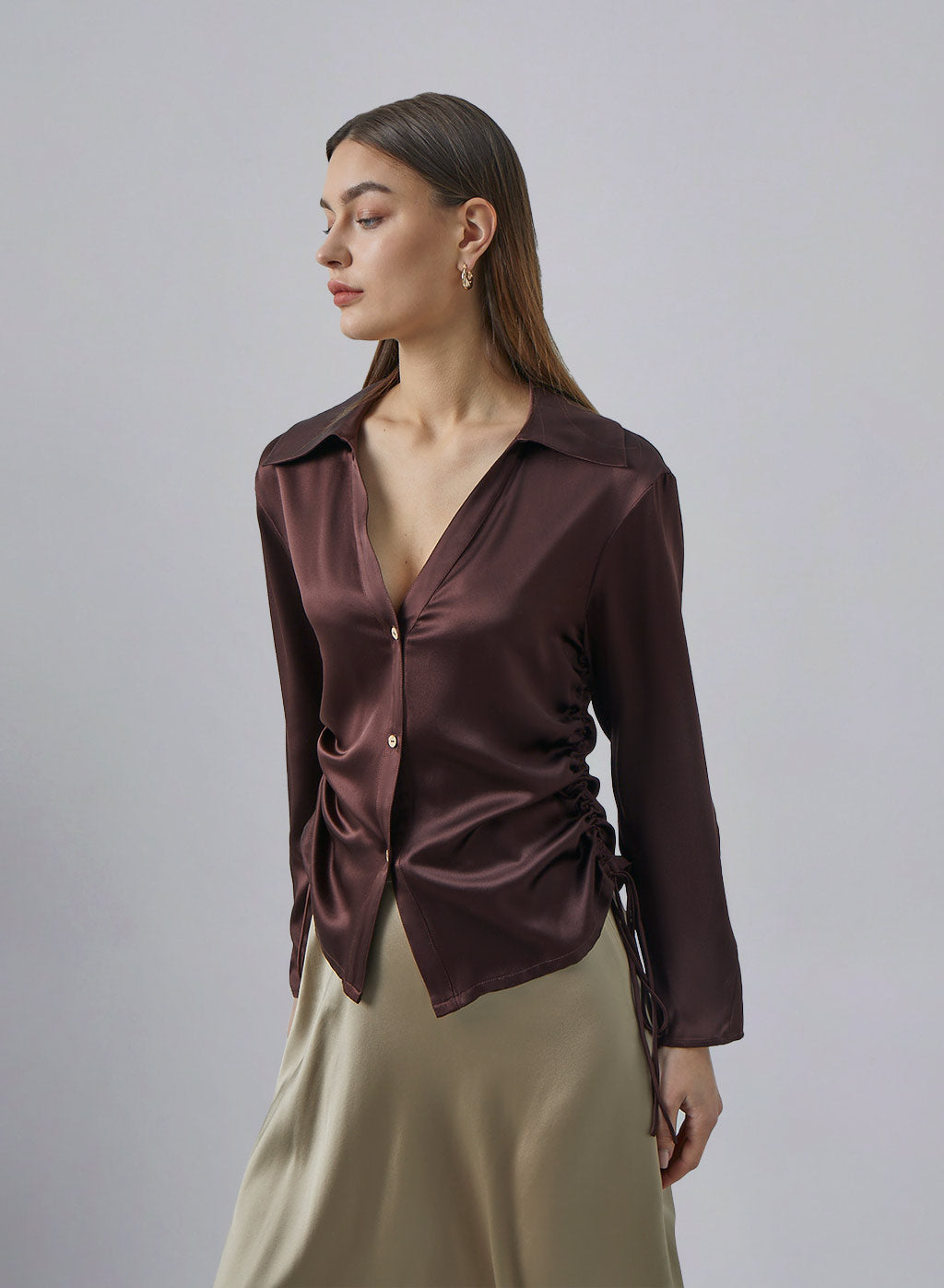 V-neck Button Opening Silk Blouse