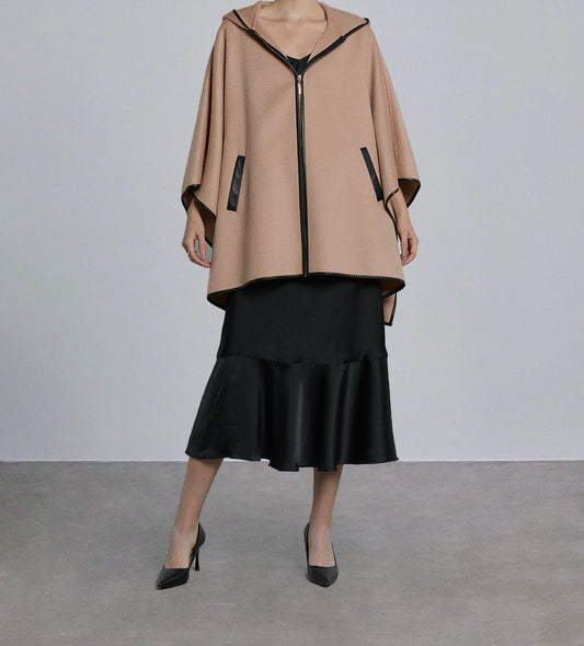 Zipped Batwing Wool Cape