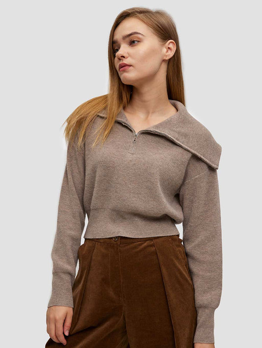 zipper collar sweater - positive- taupe